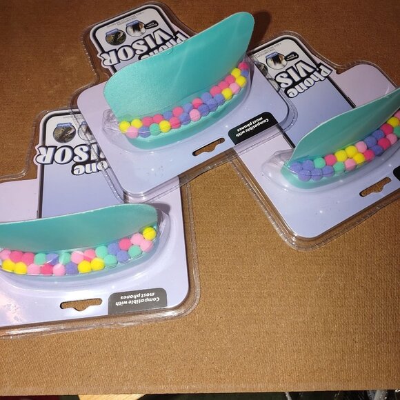 3- Decorative Phone Visor W/ Colorful Pom-Poms Compatible W/ Most Smartphones - Picture 1 of 5